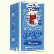 Box of Southern Breeze Blueberry pre-sweetened cold brew tea on a white background