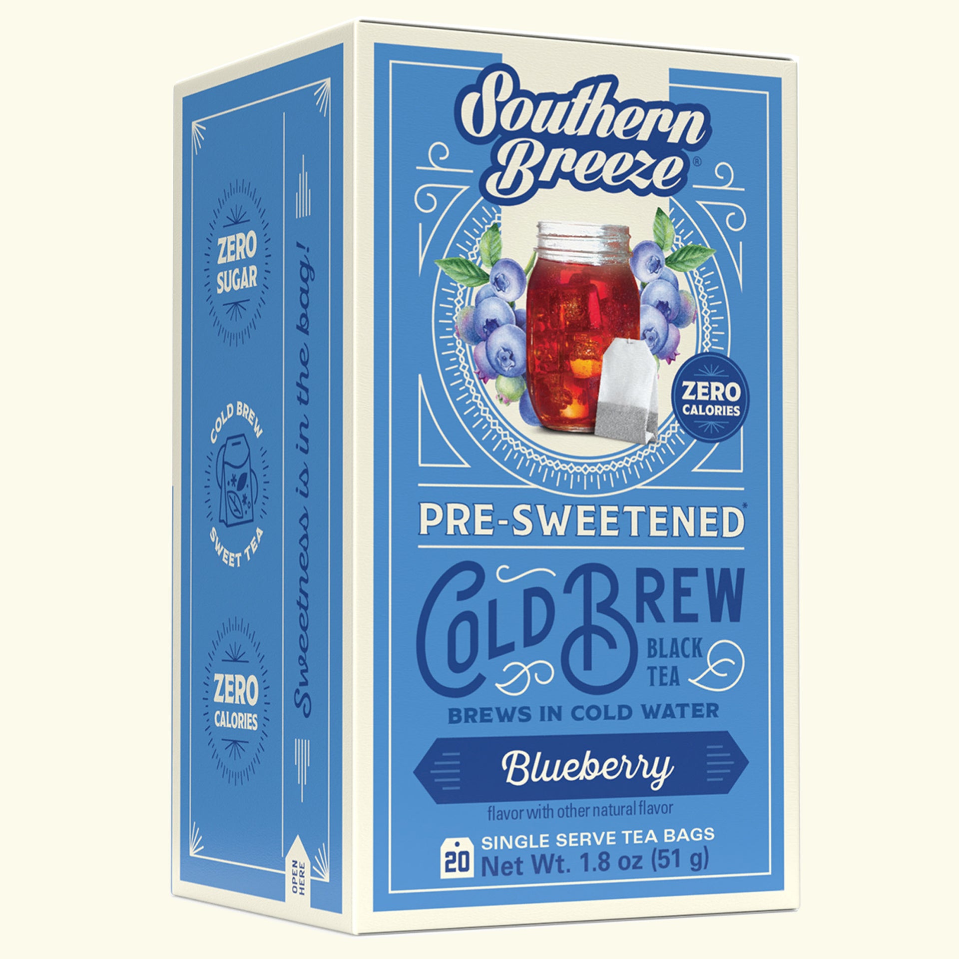 Box of Southern Breeze Blueberry pre-sweetened cold brew tea on a white background