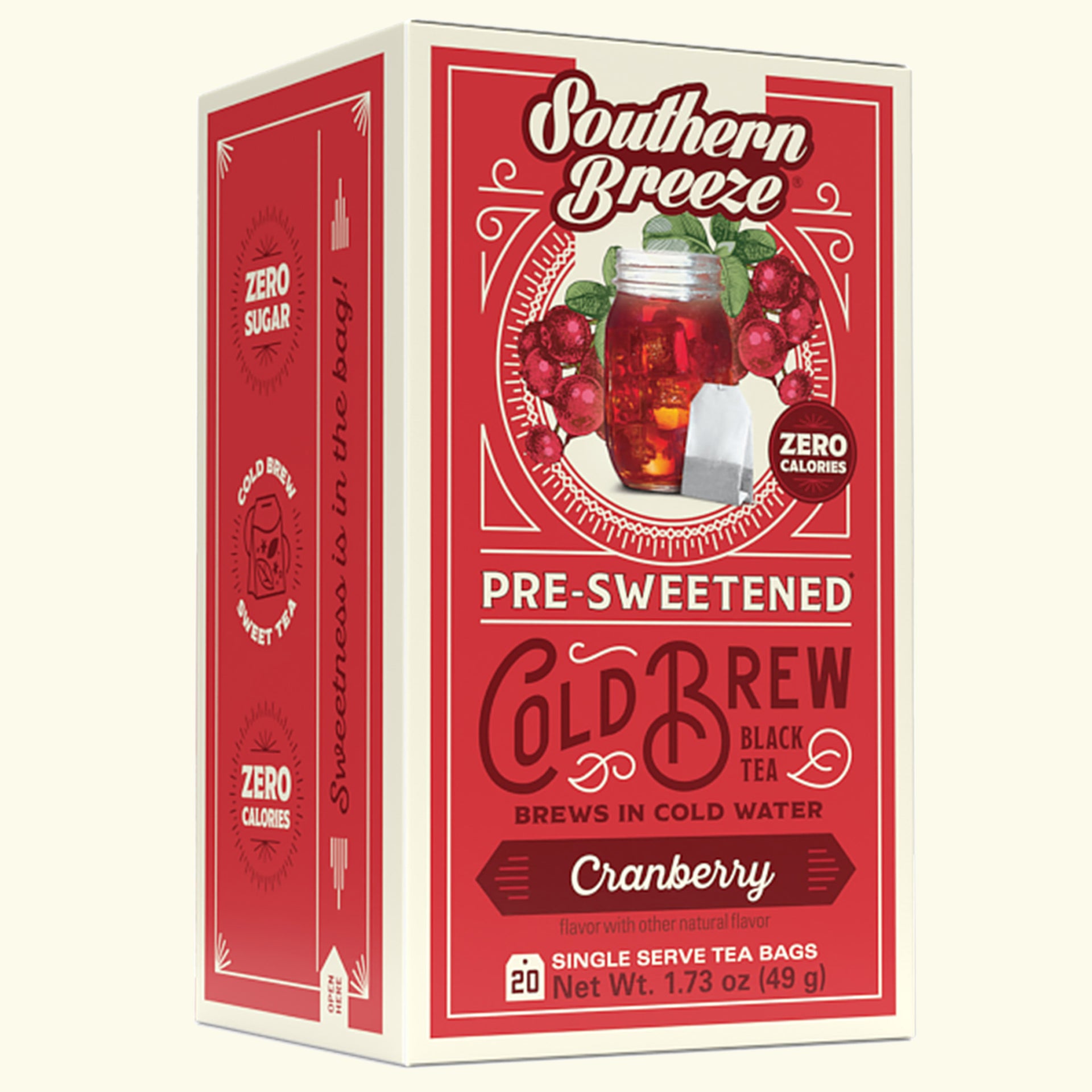 Red box of Southern Breeze Cranberry pre-sweetened cold brew black tea on a white background