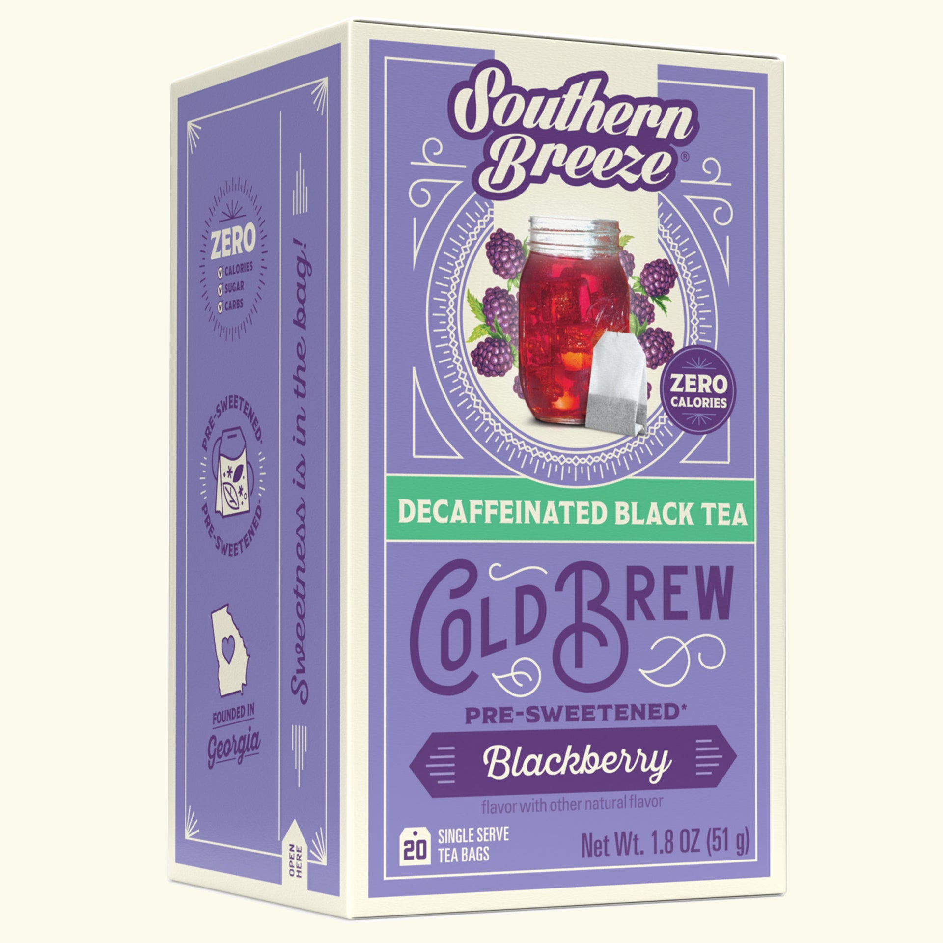 Box of Southern Breeze Decaffeinated Black Tea with blackberry flavor on a white background