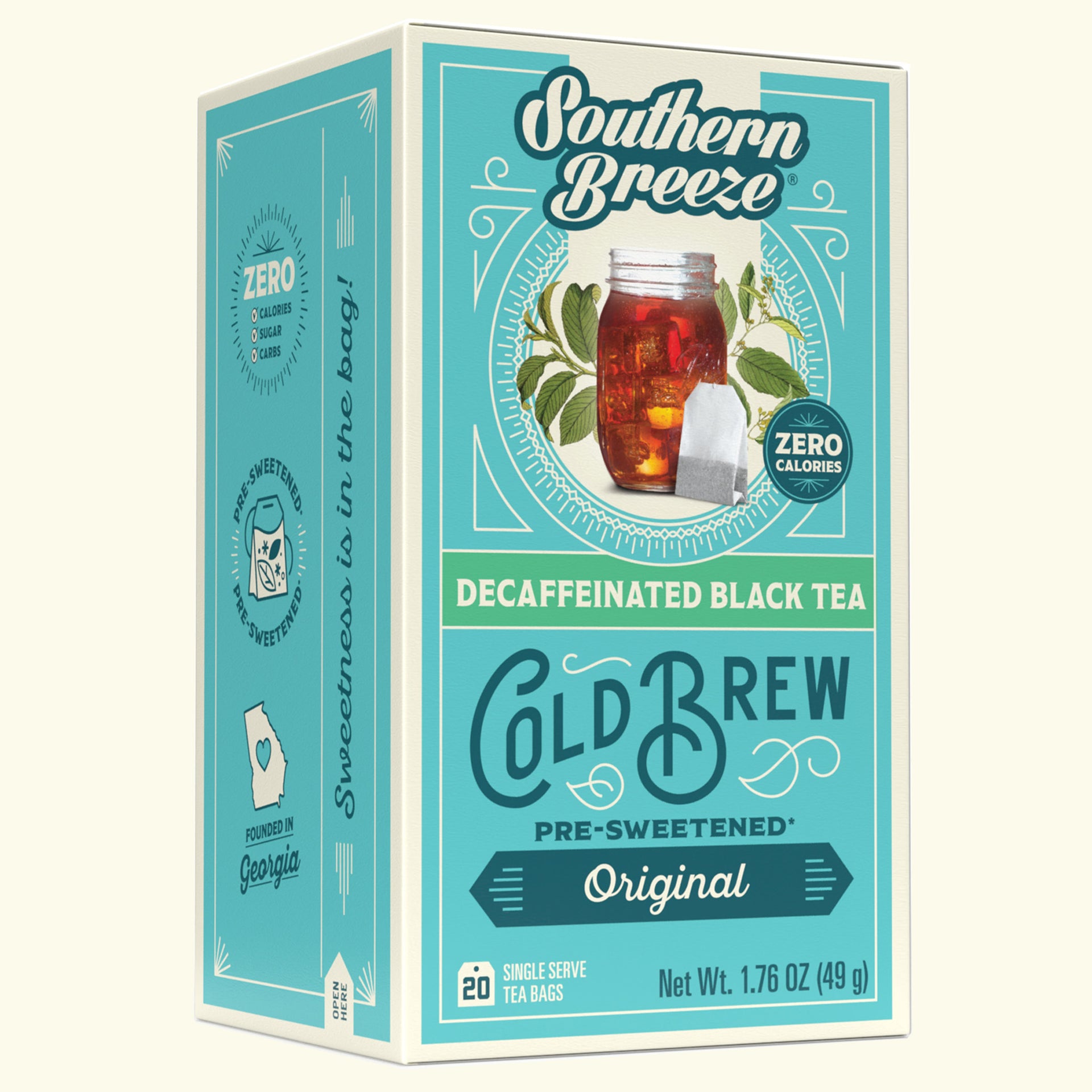 Box of Southern Breeze Decaffeinated Black Tea Cold Brew on a white background