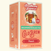 Box of Southern Breeze Peach Cold Brew Decaffeinated Black Tea on a white background
