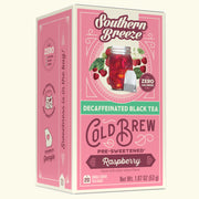 Pink box of Southern Breeze Decaffeinated Black Tea Cold Brew Raspberry on a white background