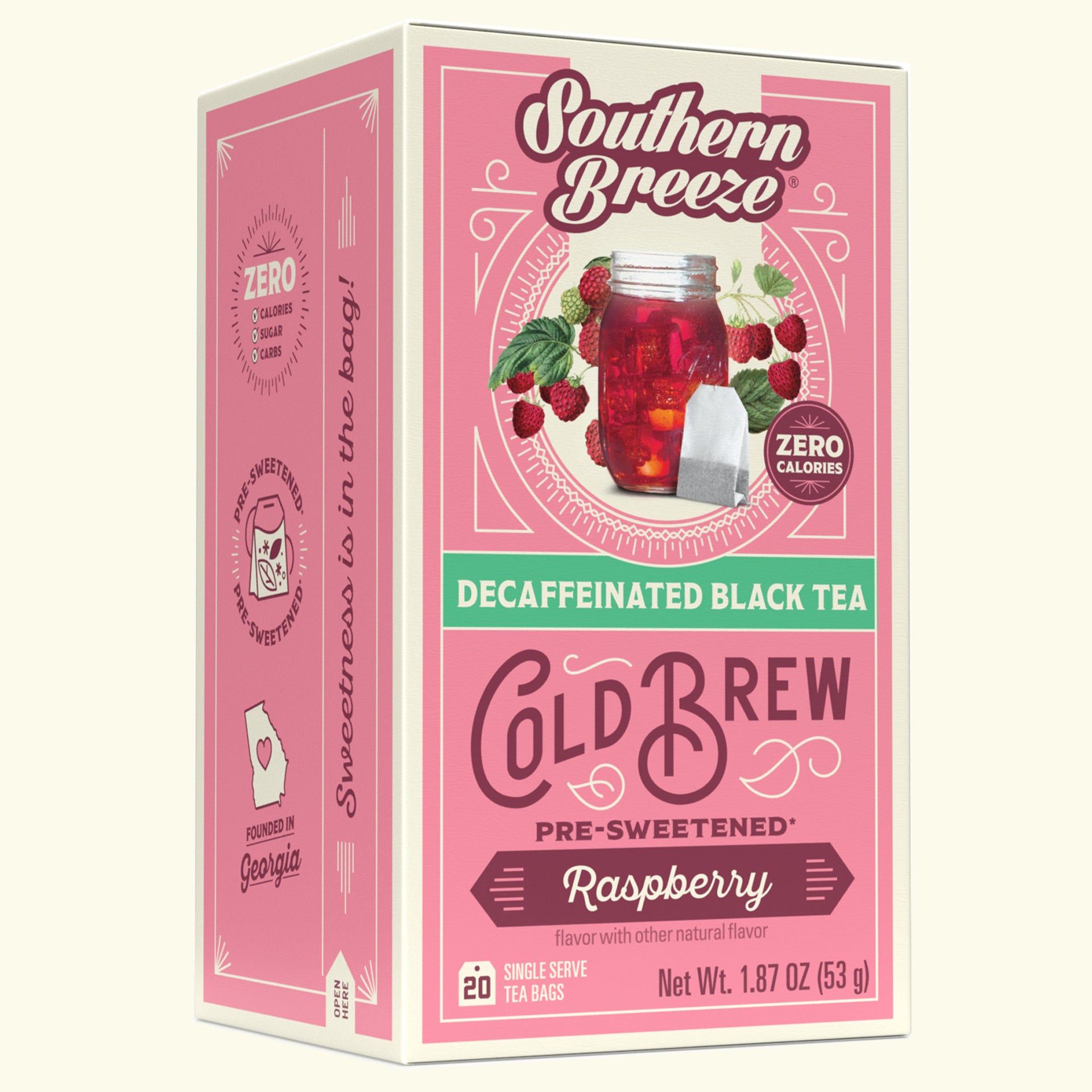 Pink box of Southern Breeze Decaffeinated Black Tea Cold Brew Raspberry on a white background