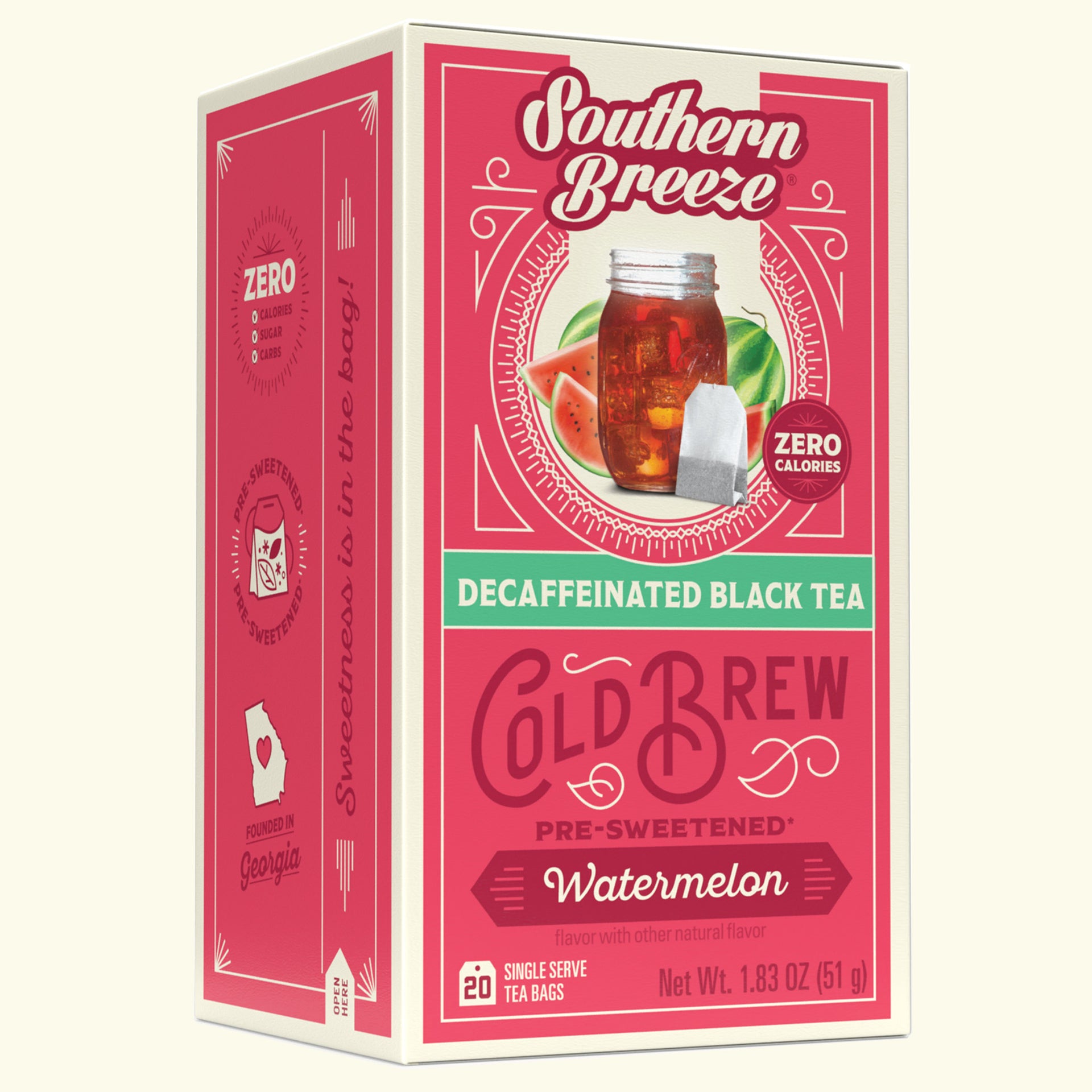 Box of Southern Breeze Decaffeinated Black Tea Cold Brew with watermelon flavor on a white background