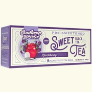Box of Southern Breeze pre-sweetened blackberry sweet tea on a white background, family size tea bags