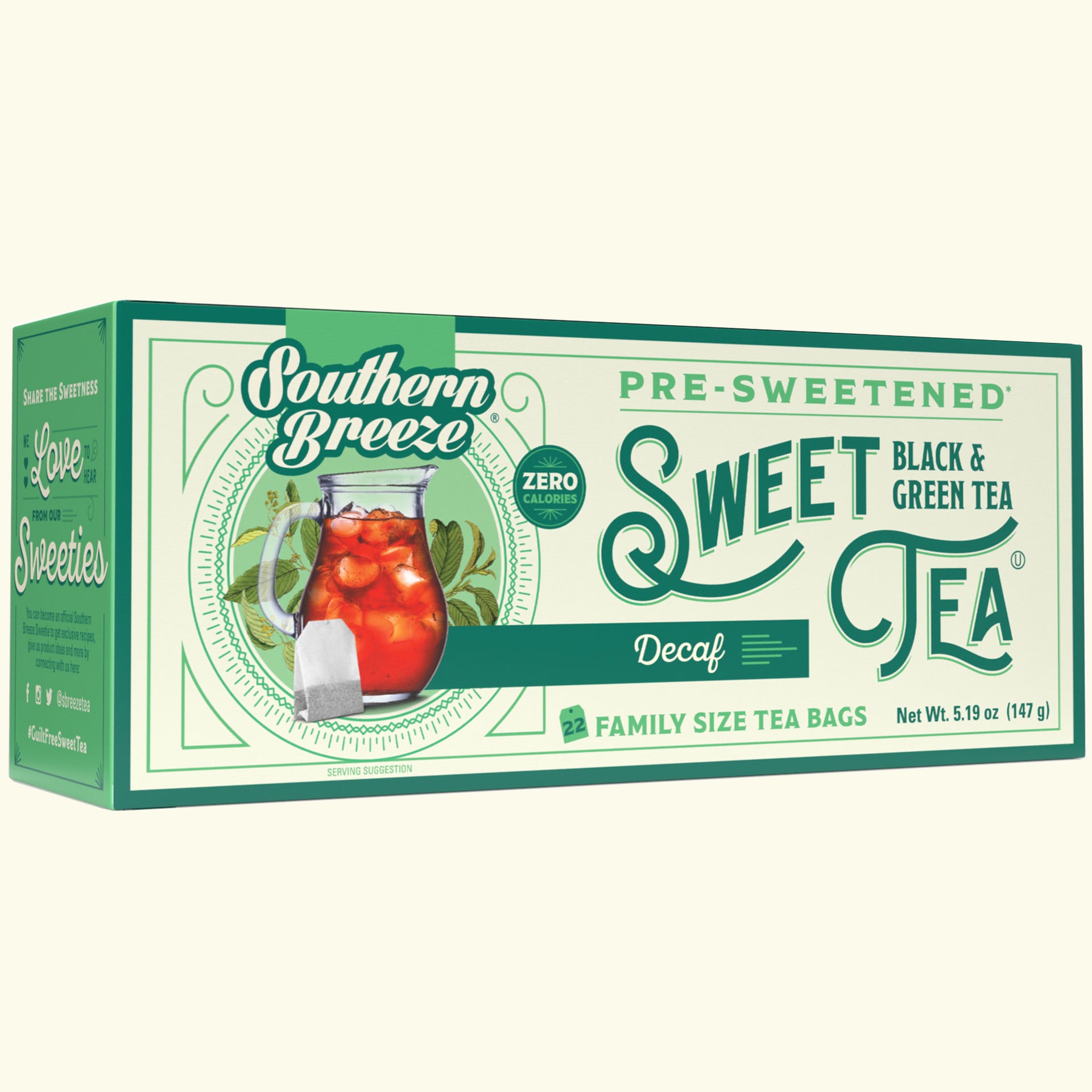 Box of Decaf sugarfree Family Size iced tea Southern Breeze Sweet Tea with a green and white design.