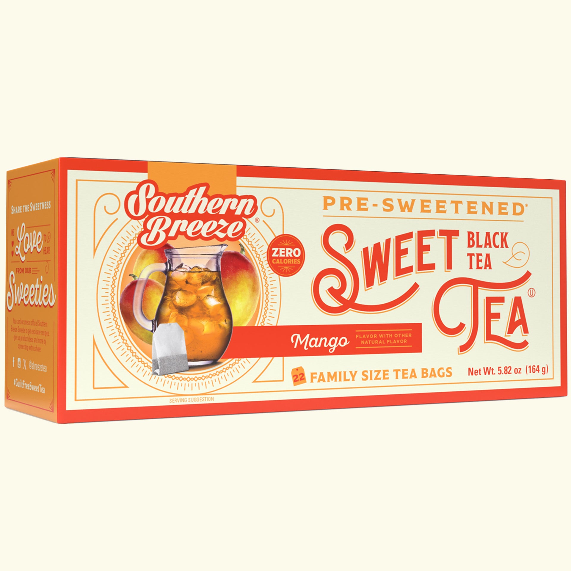 Box of Mango flavor Family Size Southern Breeze pre-sweetened sweet black tea bags on a white background