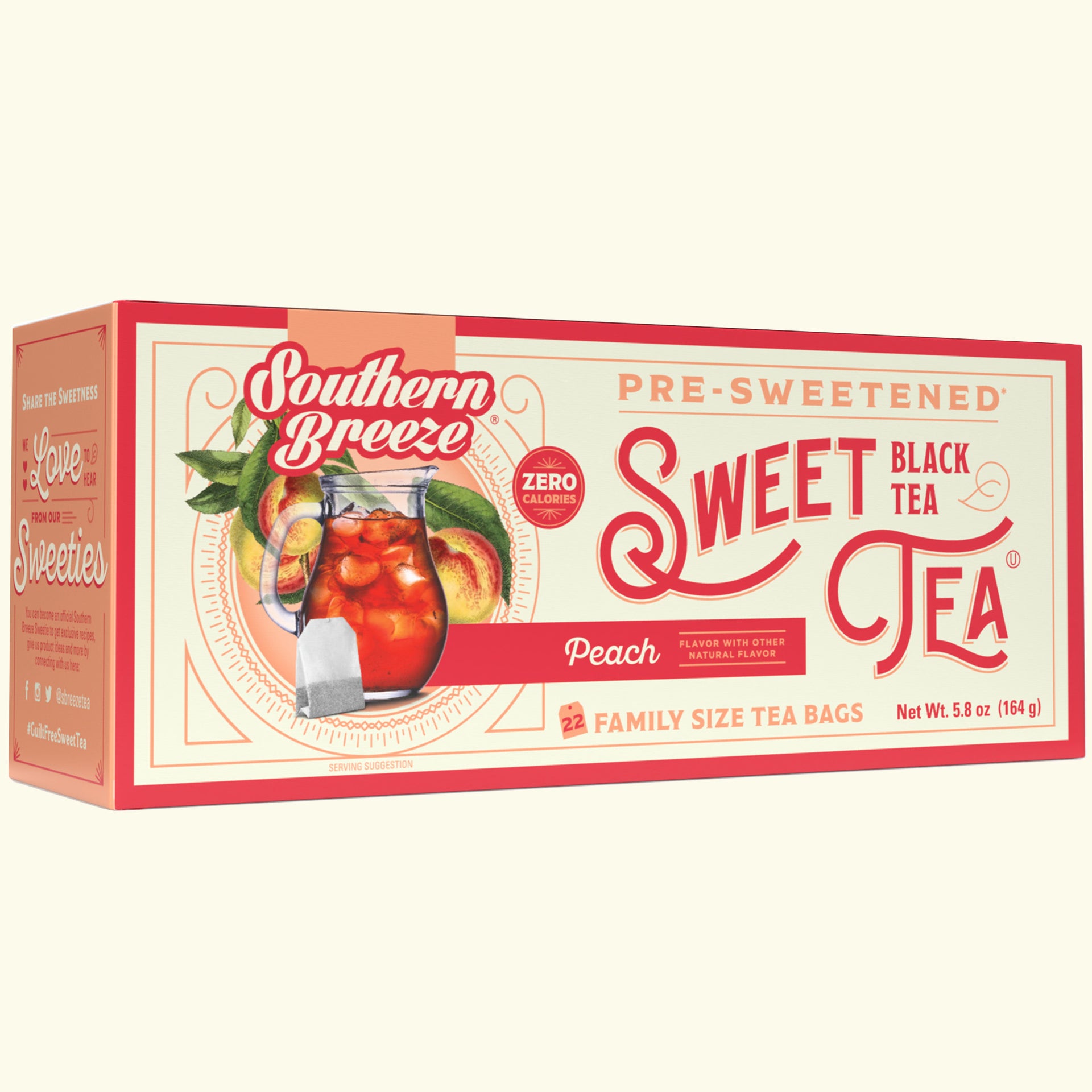 Box of Family Size Southern Breeze pre-sweetened peach sweet black tea on a white background