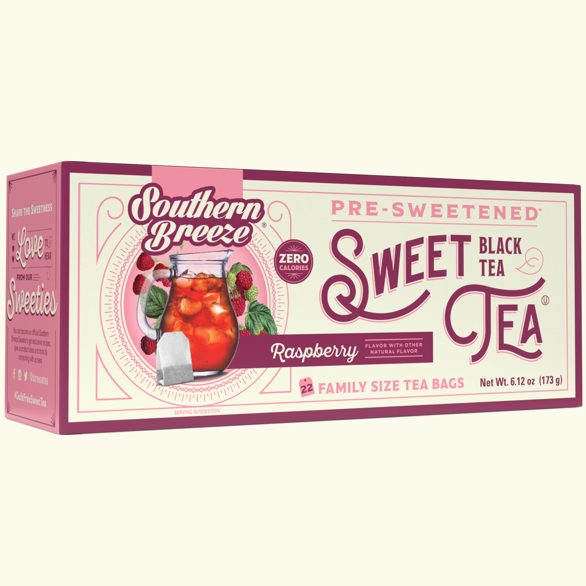 Box of Southern Breeze pre-sweetened sweet black tea with raspberry flavor on a white background, family size tea bags