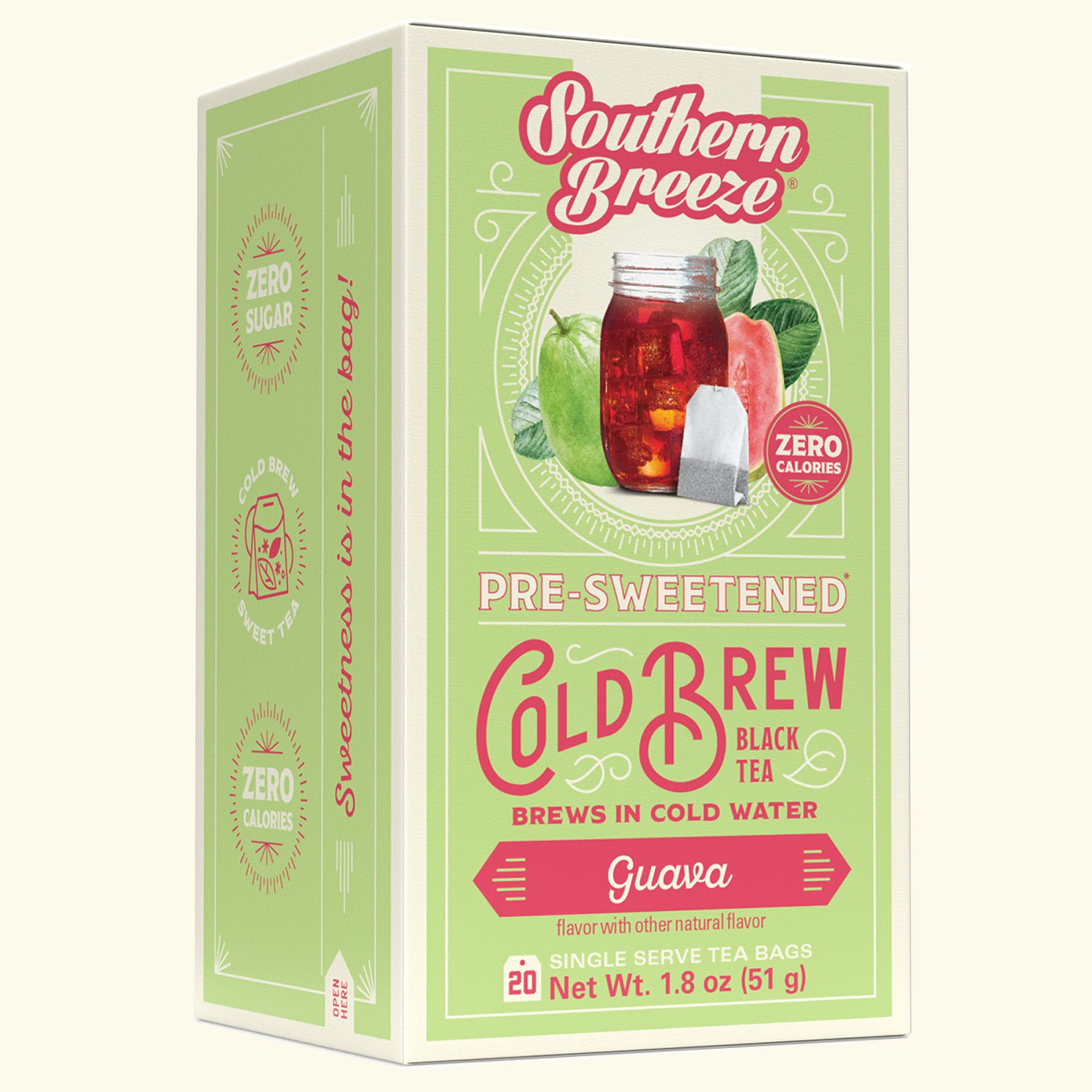 Box of Southern Breeze Guava pre-sweetened cold brew black tea on a white background