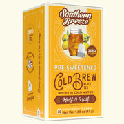 Box of Southern Breeze Half & Half lemon flavor pre-sweetened cold brew black tea on a white background