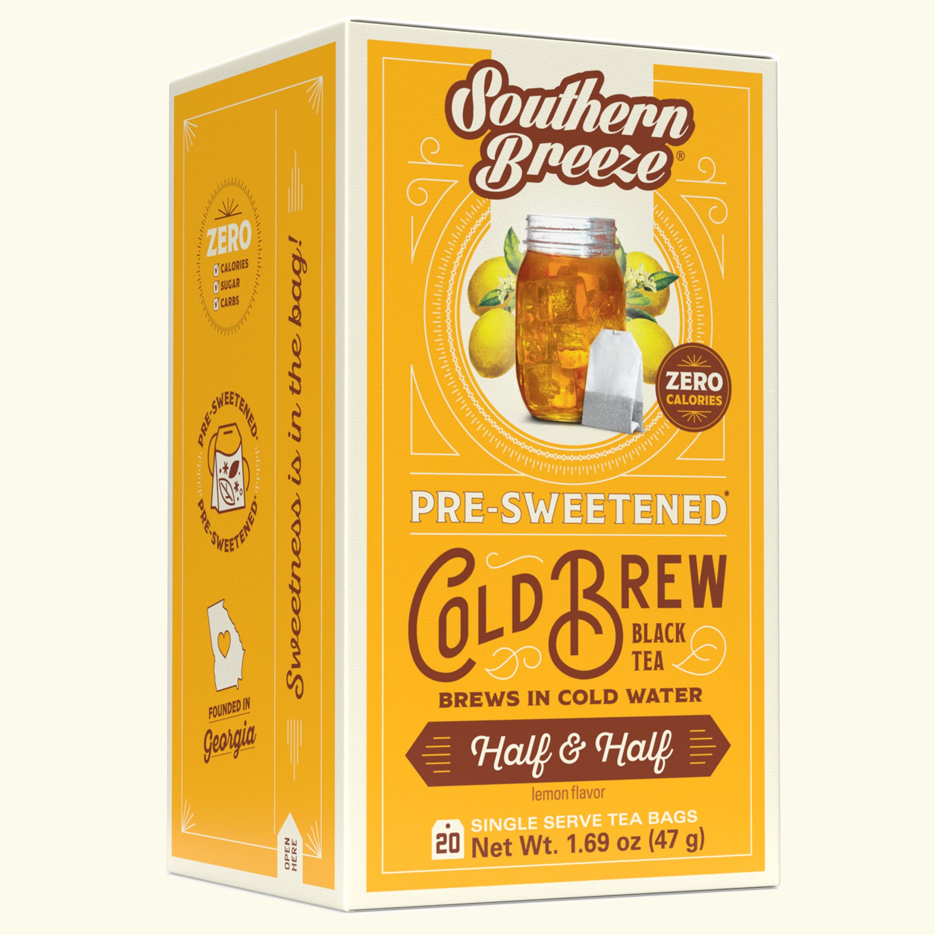 Box of Southern Breeze Half & Half lemon flavor pre-sweetened cold brew black tea on a white background