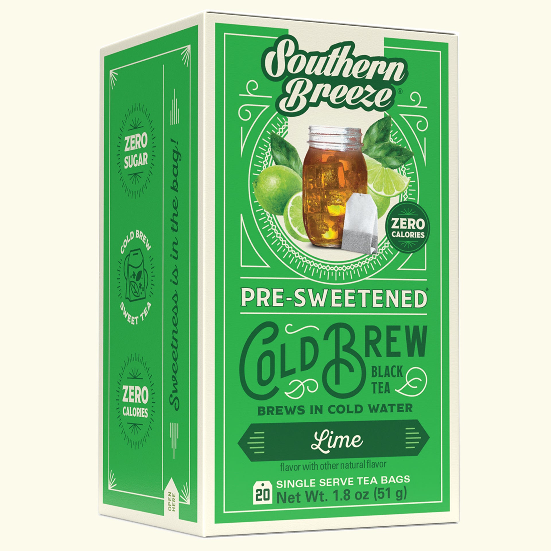 Green box of Southern Breeze Lime Cold Brew tea on a white background