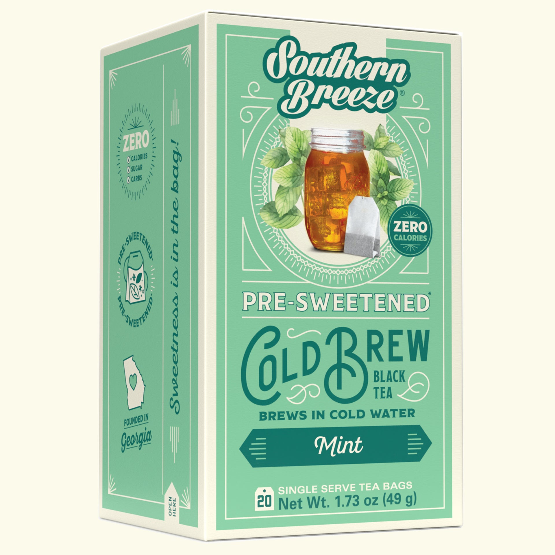 Box of Southern Breeze Mint pre-sweetened cold brew black tea on a white background