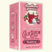 Pink box of Southern Breeze Raspberry Cold Brew Black Tea on a white background