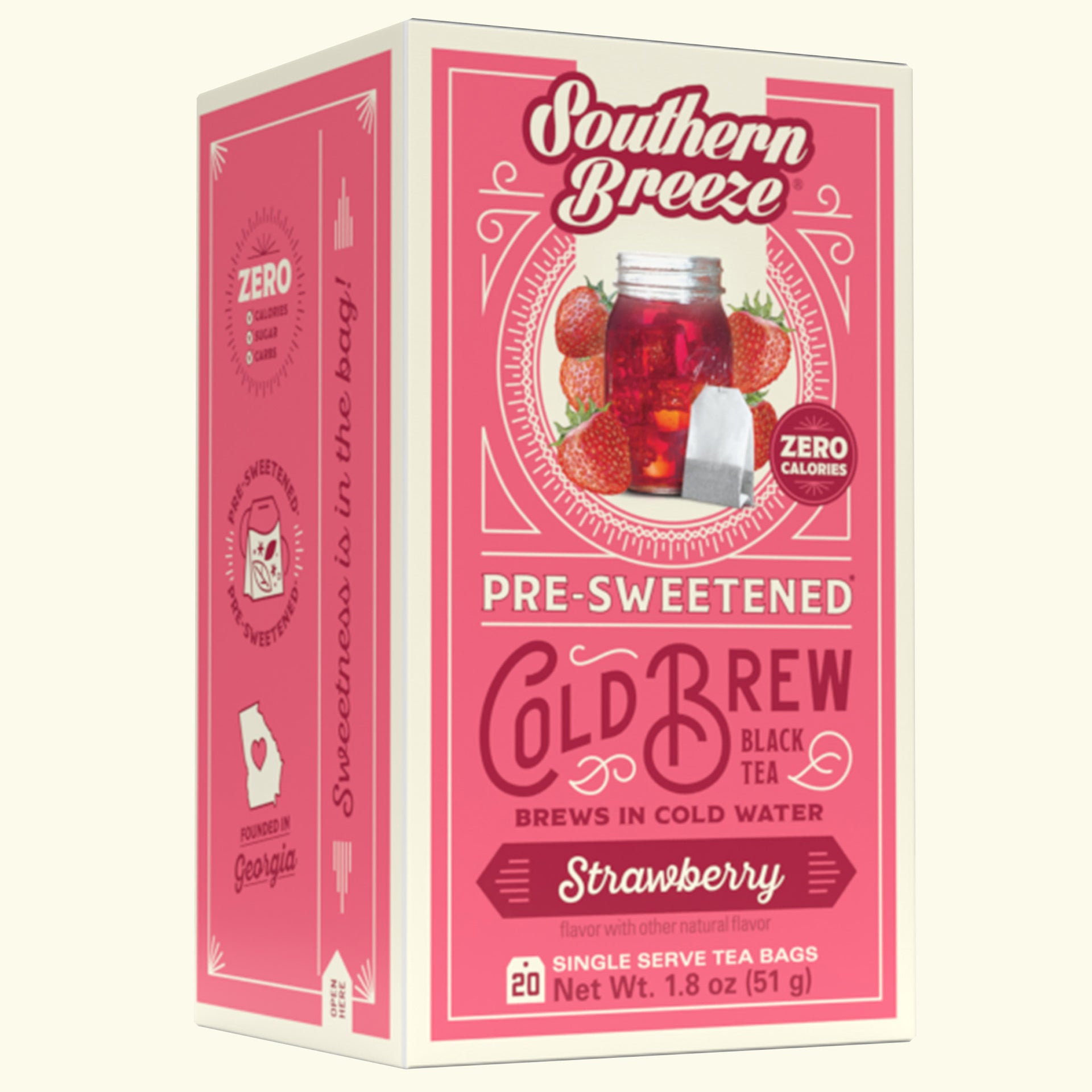 Pink box of Southern Breeze Strawberry pre-sweetened cold brew black tea on a white background