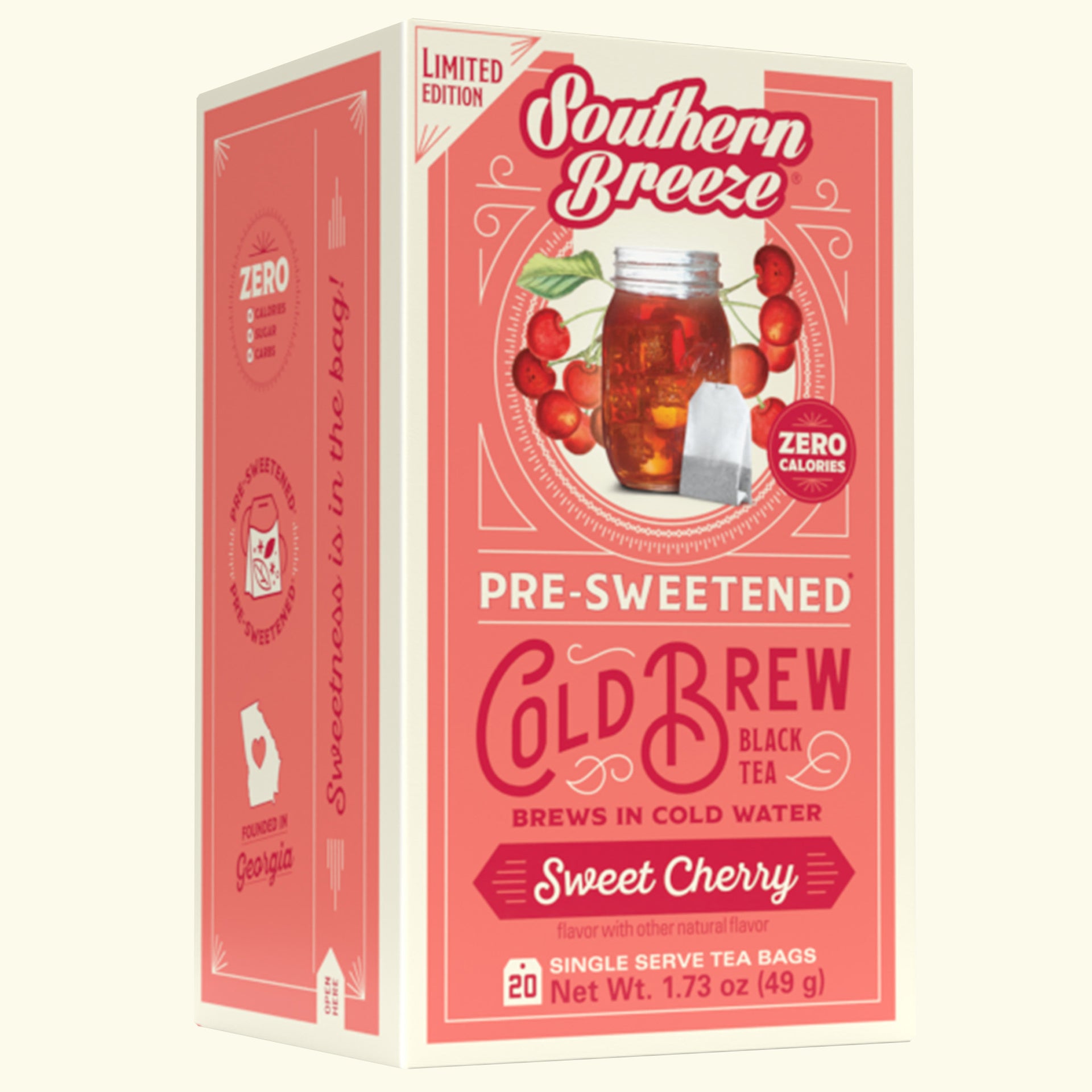 Box of Southern Breeze Sweet Cherry pre-sweetened cold brew black tea on a white background