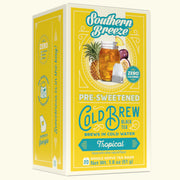 Box of Tropical Southern Breeze pre-sweetened cold brew black tea with pineapple and passionfruit flavor on a white background