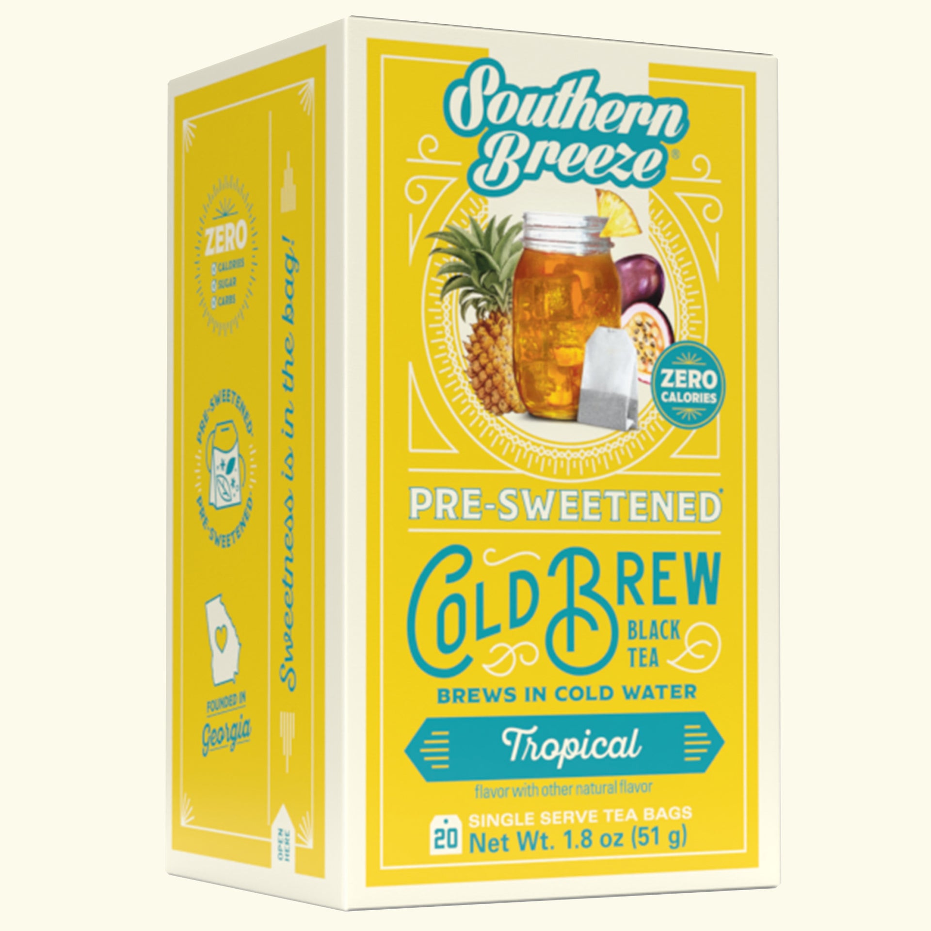 Box of Tropical Southern Breeze pre-sweetened cold brew black tea with pineapple and passionfruit flavor on a white background