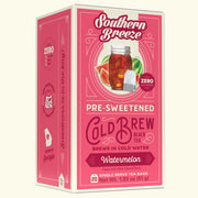 Pink box of Southern Breeze Watermelon pre-sweetened cold brew black tea on a white background