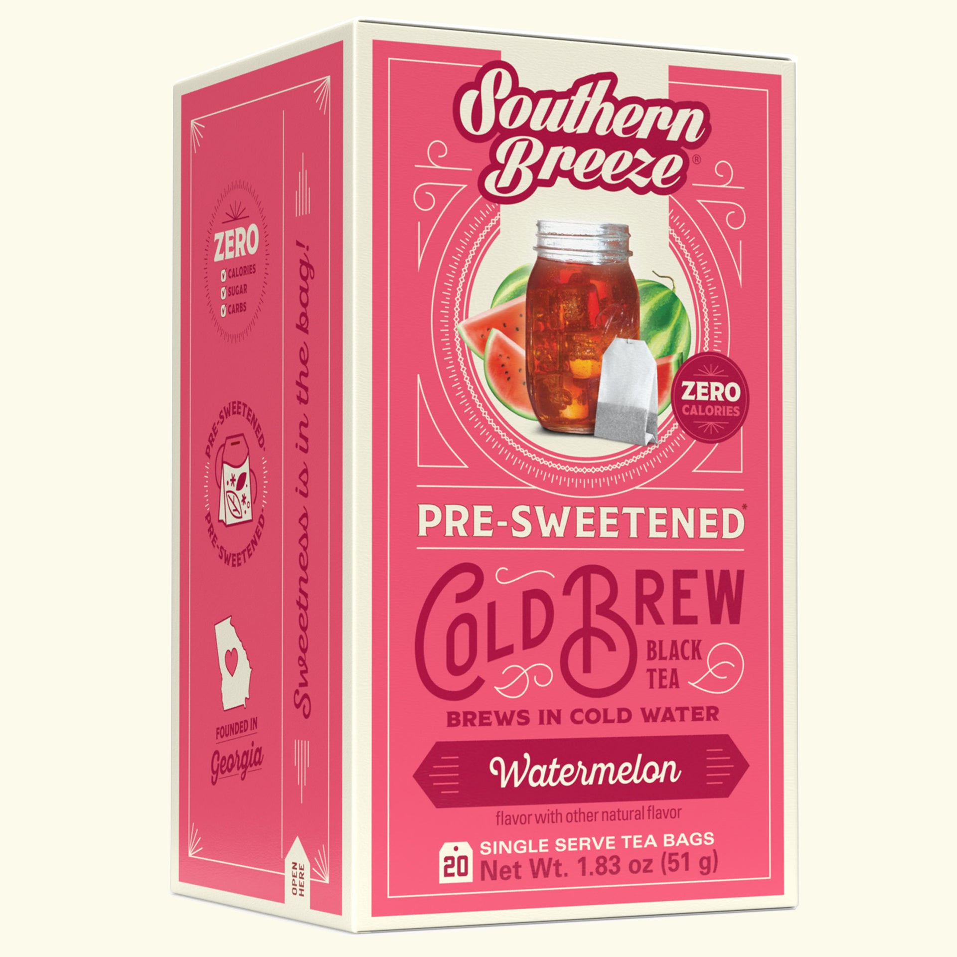 Pink box of Southern Breeze Watermelon pre-sweetened cold brew black tea on a white background