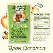 Southern Breeze Apple Cinnamon pre-sweetened cold brew black tea packaging with nutrition facts label.