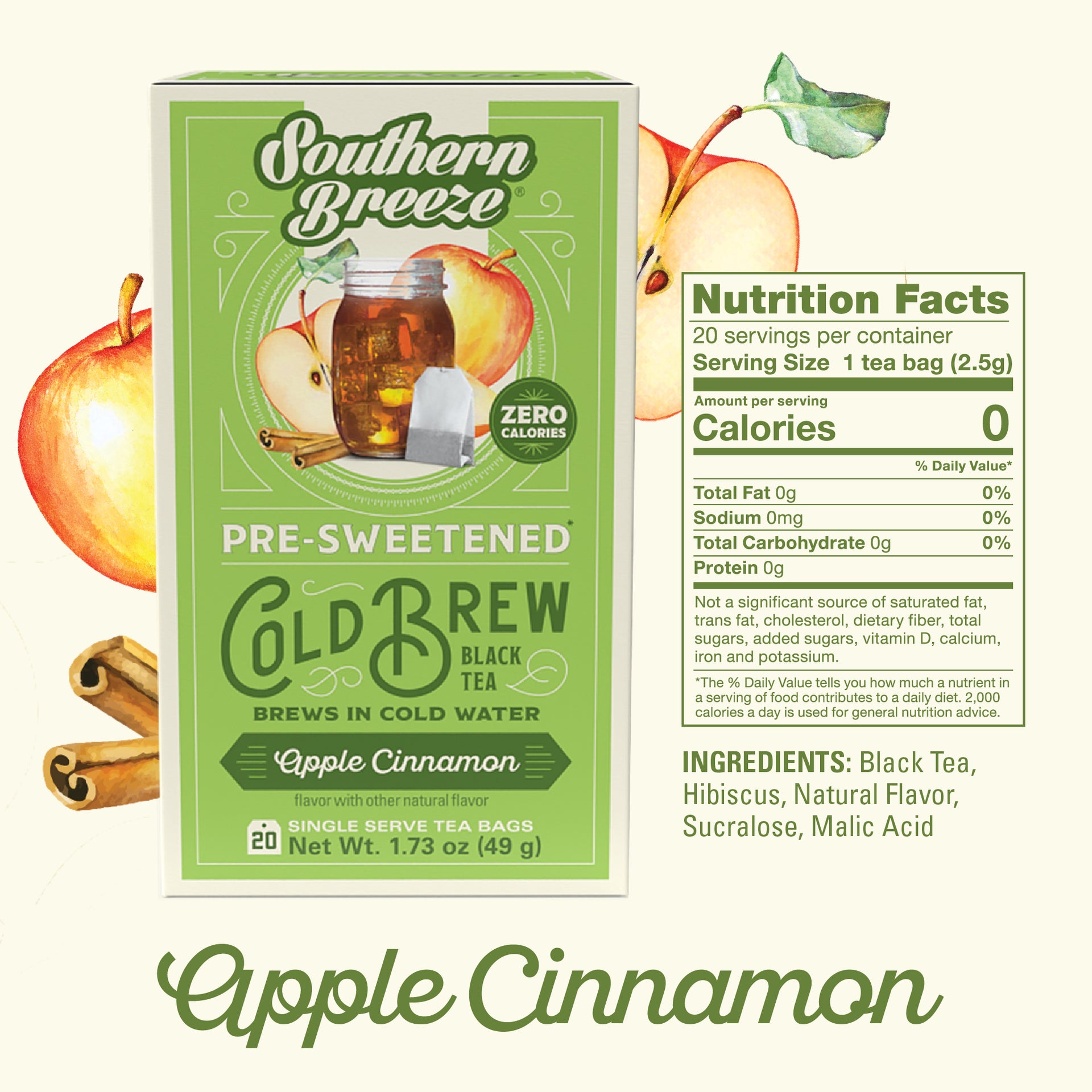 Southern Breeze Apple Cinnamon pre-sweetened cold brew black tea packaging with nutrition facts label.