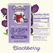 Southern Breeze Blackberry Cold Brew tea package with nutrition facts on a white background