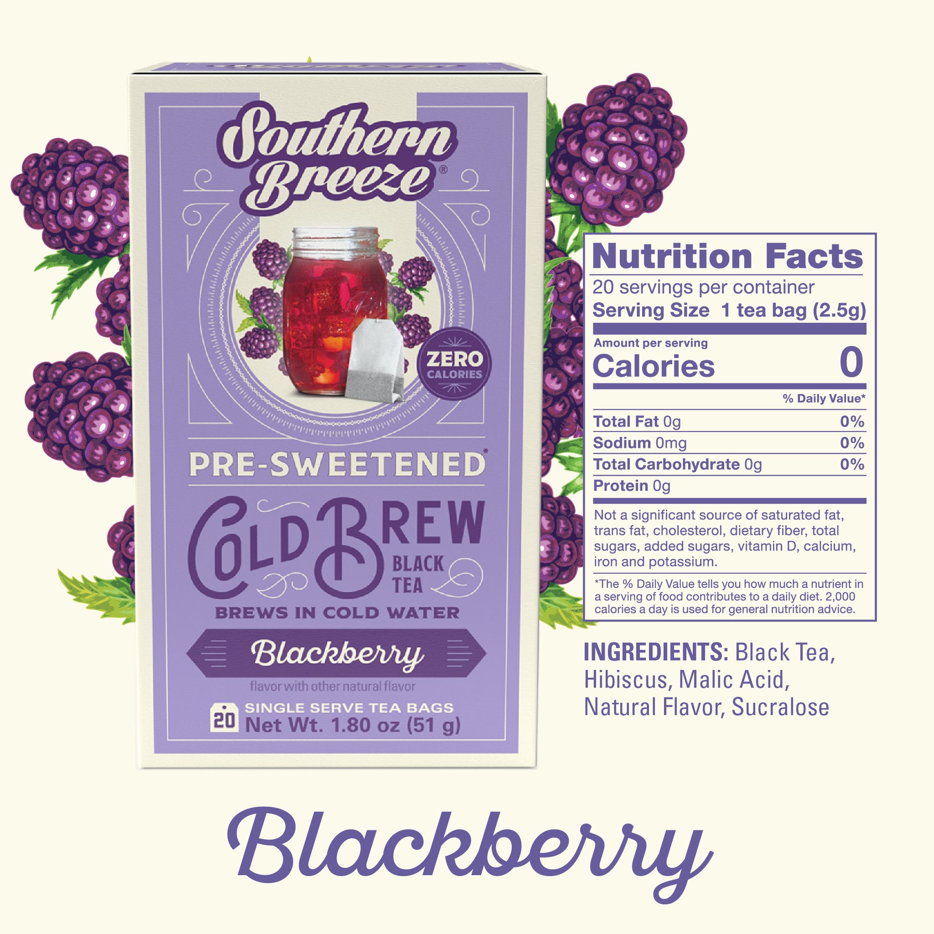 Southern Breeze Blackberry Cold Brew tea package with nutrition facts on a white background