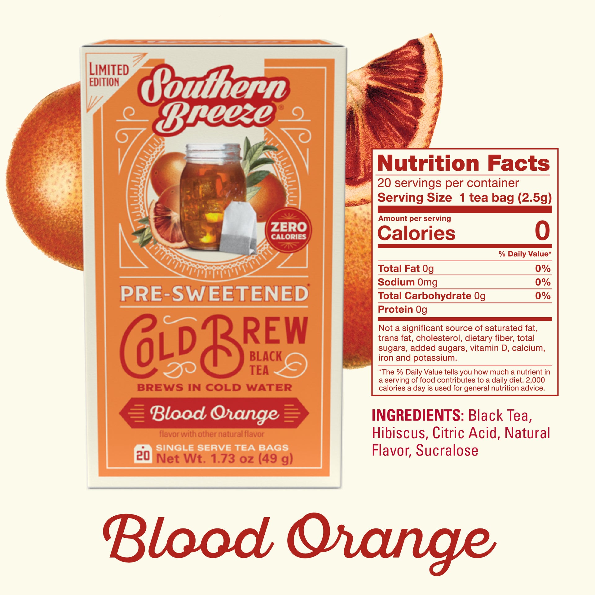 Southern Breeze Blood Orange tea package with nutrition facts on a white background