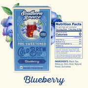 Southern Breeze Blueberry pre-sweetened cold brew black tea packaging with nutrition facts label.
