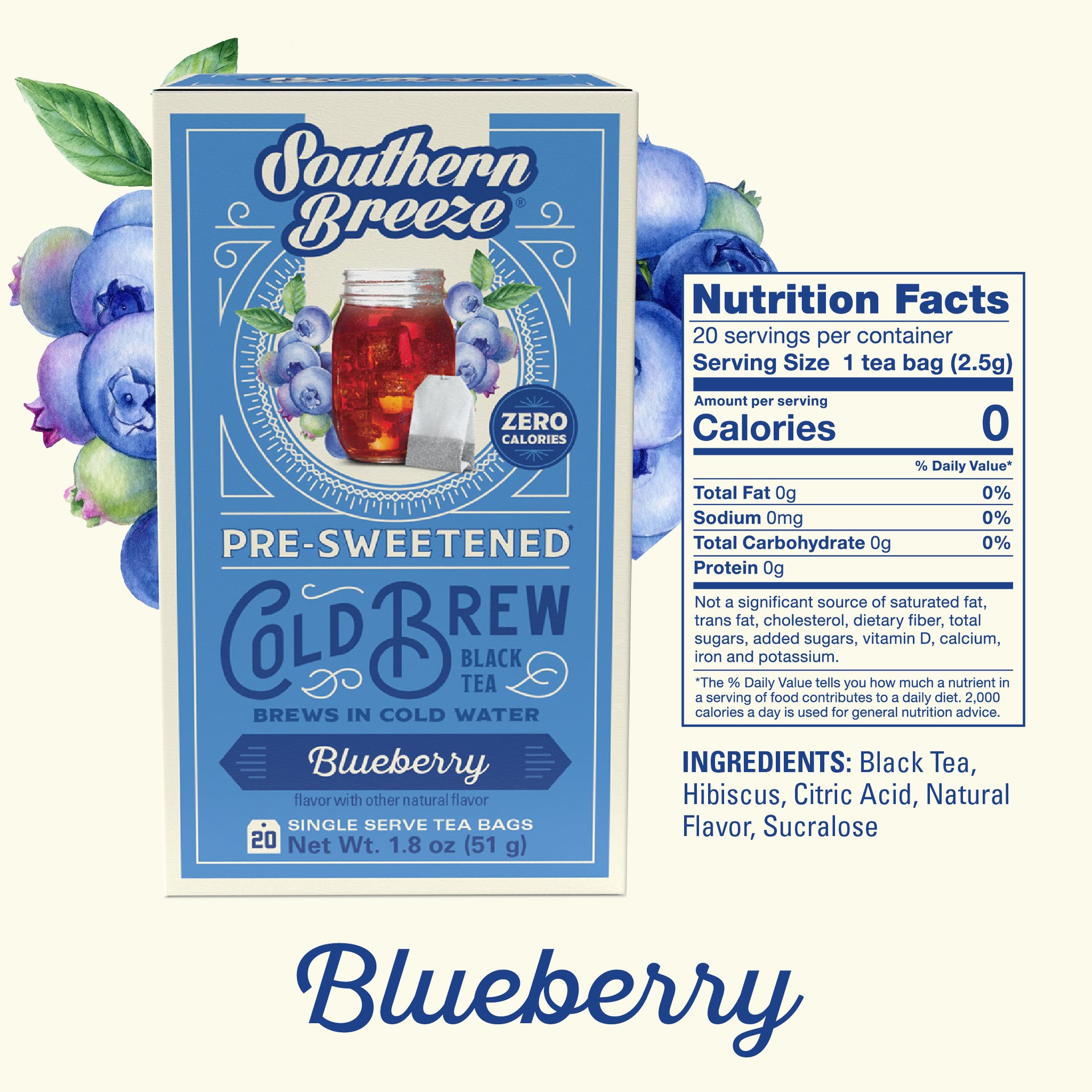 Southern Breeze Blueberry pre-sweetened cold brew black tea packaging with nutrition facts label.