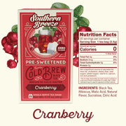 Southern Breeze Cranberry pre-sweetened cold brew black tea packaging with nutrition facts label.