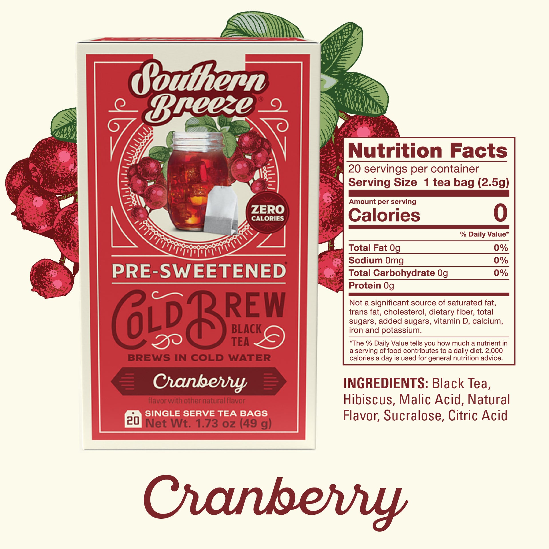 Southern Breeze Cranberry pre-sweetened cold brew black tea packaging with nutrition facts label.