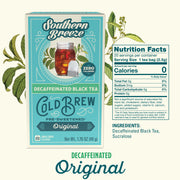 Box of Southern Breeze Decaffeinated Black Tea with nutritional information on a white background