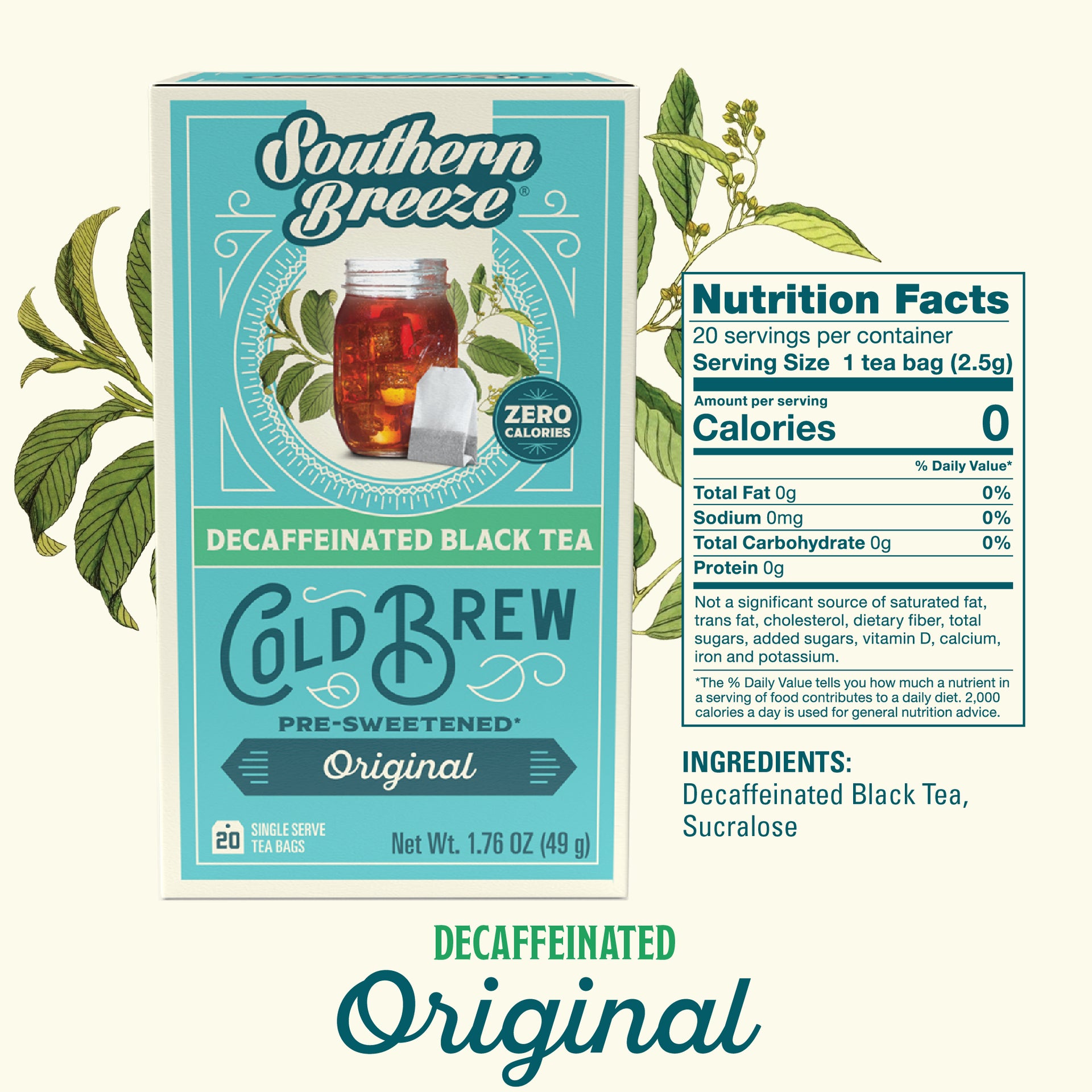 Box of Southern Breeze Decaffeinated Black Tea with nutritional information on a white background