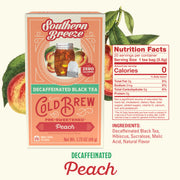 Southern Breeze Decaffeinated Peach Cold Brew tea package with nutrition facts on a white background