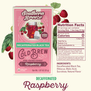 Southern Breeze Decaffeinated Raspberry Cold Brew tea package with nutrition facts label.