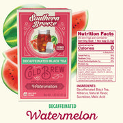 Southern Breeze Decaffeinated Watermelon Cold Brew tea box with watermelon slices on a white background