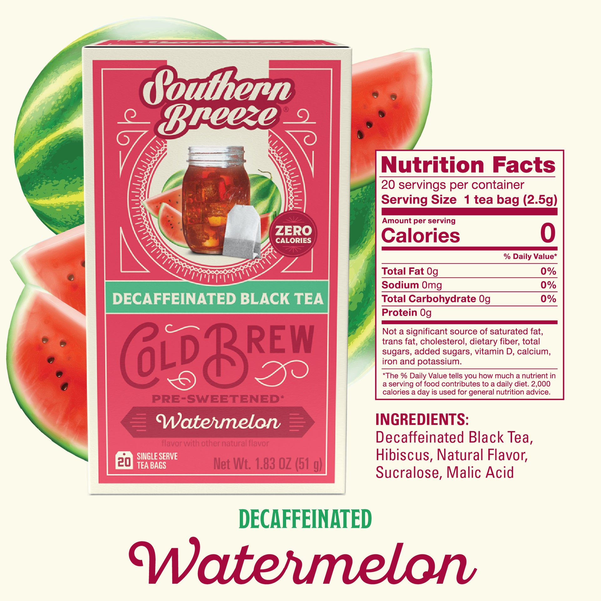 Southern Breeze Decaffeinated Watermelon Cold Brew tea box with watermelon slices on a white background