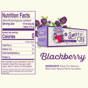 Nutrition facts label and packaging of Southern Breeze Family Size Sweet Tea Blackberry tea on a white background