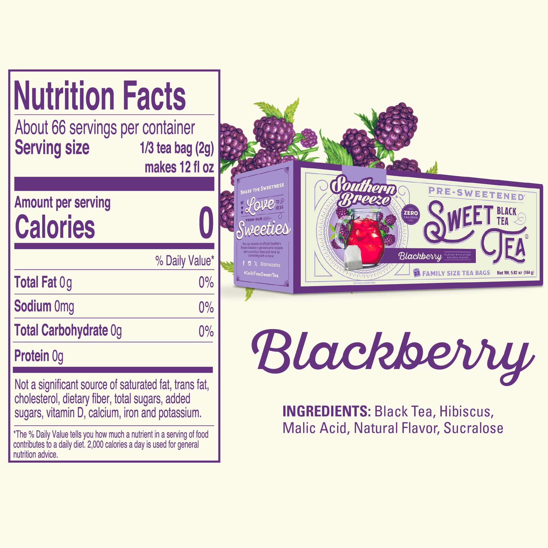Nutrition facts label and packaging of Southern Breeze Family Size Sweet Tea Blackberry tea on a white background