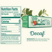 Nutrition facts label and packaging of Southern Breeze Sweet Tea with decaf indication.