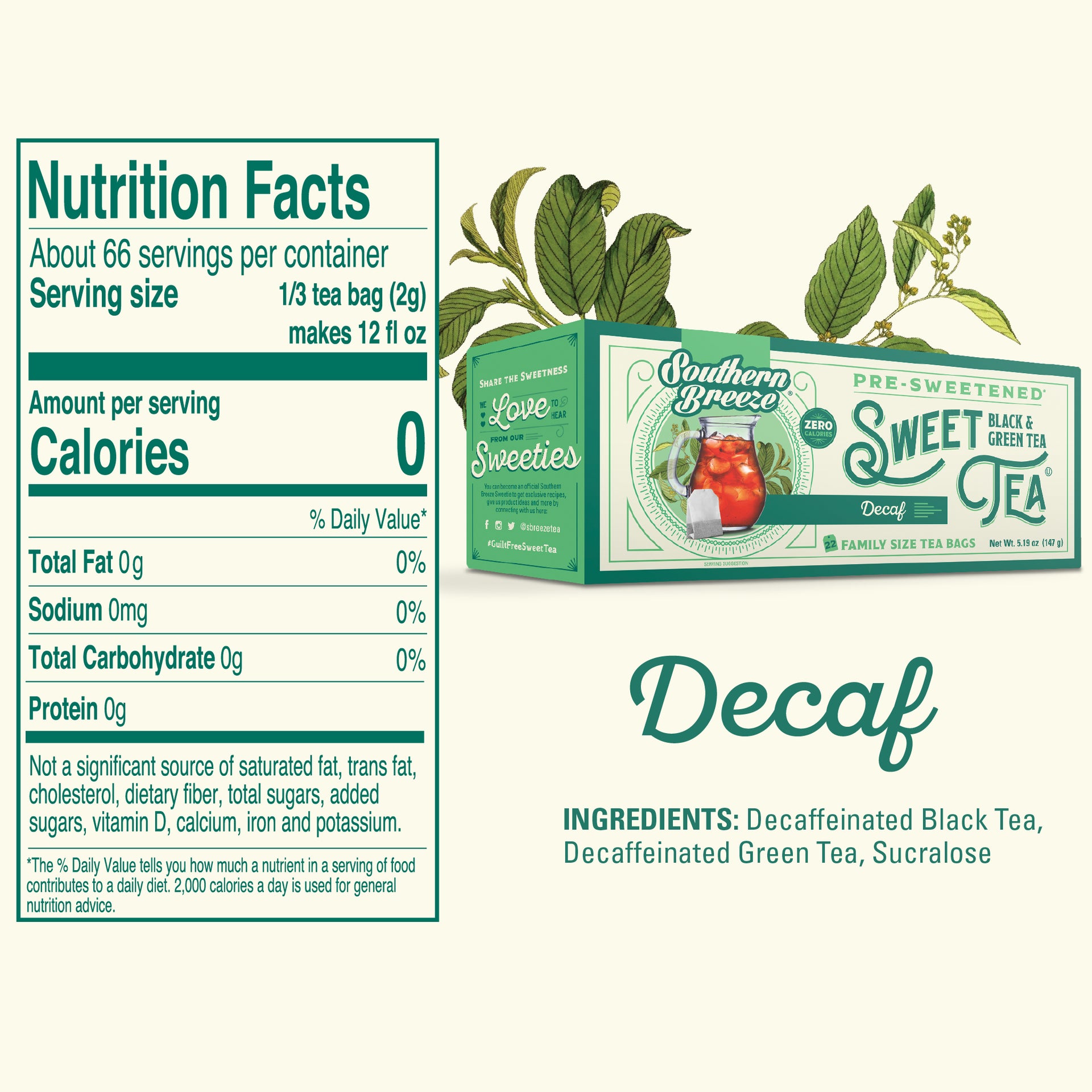 Nutrition facts label and packaging of Southern Breeze Sweet Tea with decaf indication.