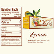 Nutrition facts label and packaging of Southern Breeze Sweet Tea Lemon on a white background, family size tea bags