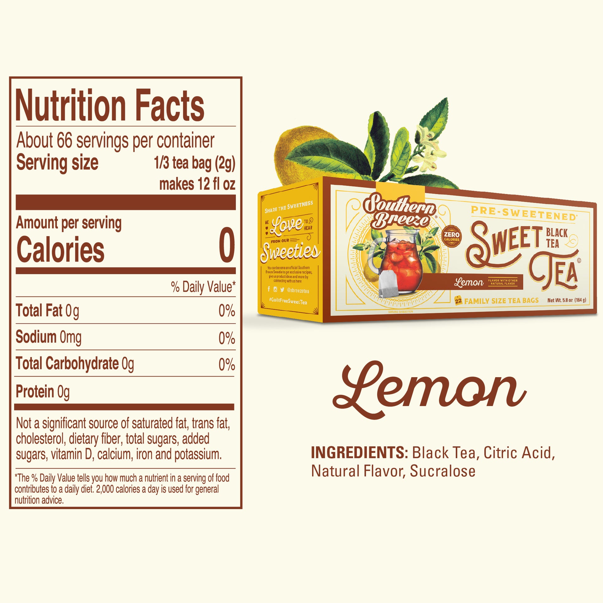 Nutrition facts label and packaging of Southern Breeze Sweet Tea Lemon on a white background, family size tea bags
