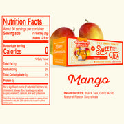 Southern Breeze Family size tea bags Mango flavored sweet tea package with nutrition facts label on a white background