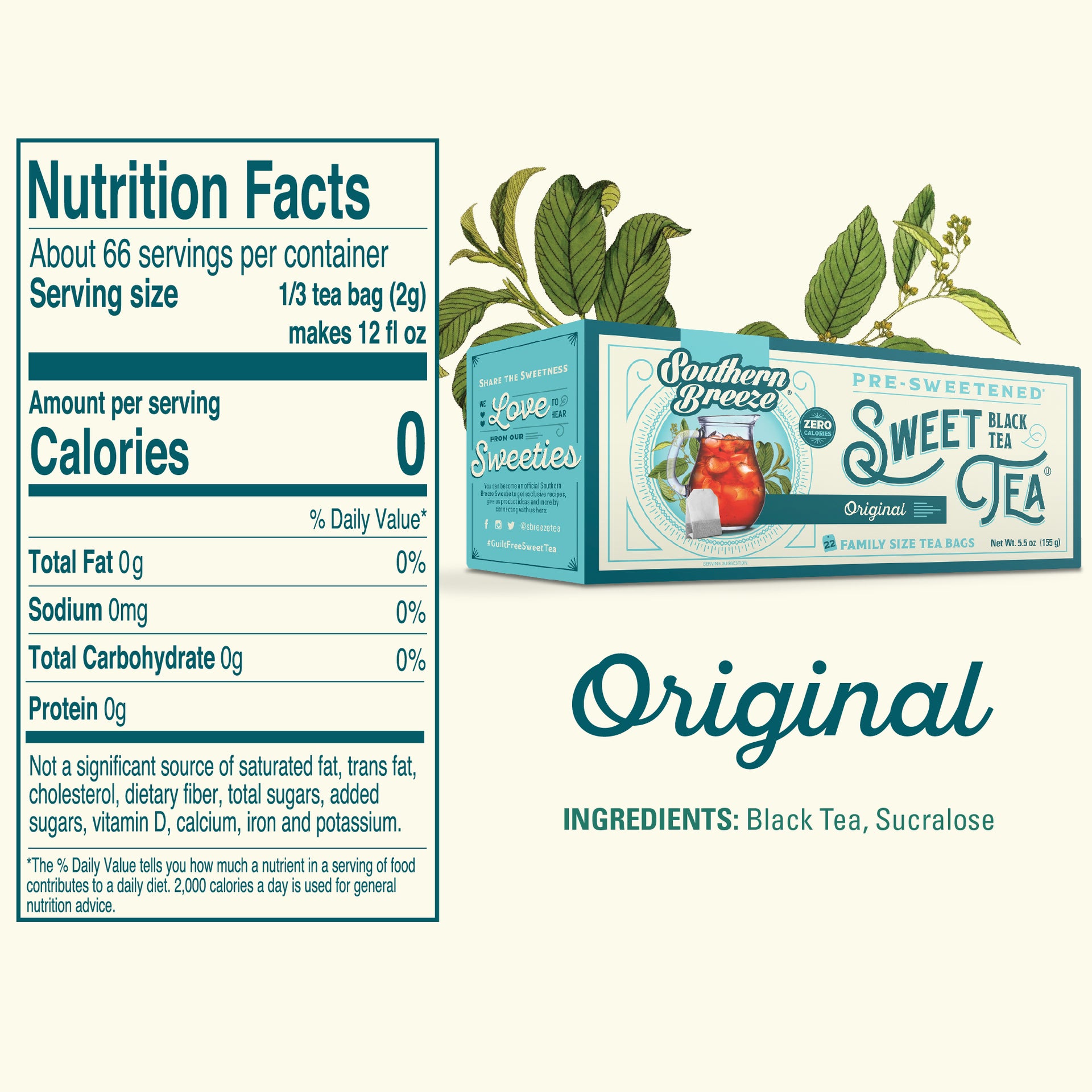 Nutrition facts label and packaging of Southern Breeze Original Family size Sweet Tea on a white background