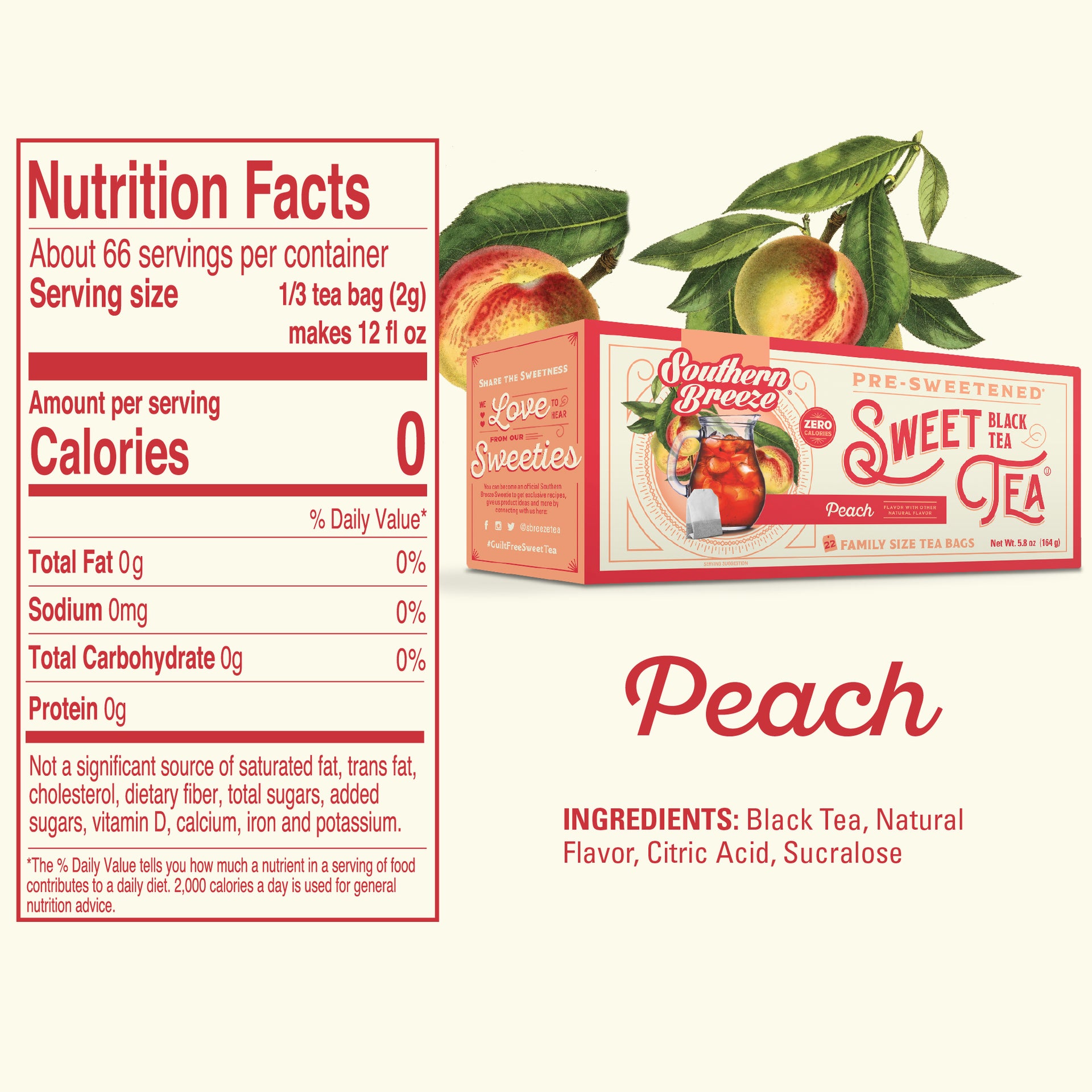 Nutrition facts label for Southern Breeze Peach Sweet Tea family size tea bags with tea box and peaches on a white background